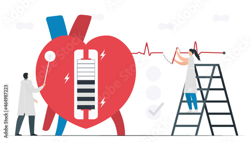 This heart disease problem is bradycardia arrhythmia. Diagnostic and analysis shows that periodic signal is slow impulse response around sinus node. Cardiology vector illustration.