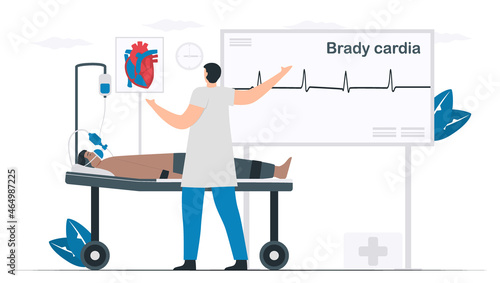 Doctor treats and diagnoses a patient. This heart disease called bradycardia arrhythmia. Periodic signal is slow impulse response. Isolated cardiology vector illustration.
