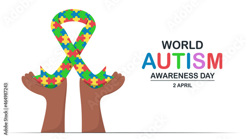 Banner template for World Austism Awareness Day, 2 April. This day will be raise awareness about autistic spectrum disorders people. They include autism and asperger syndrome. Multicolored ribbon.