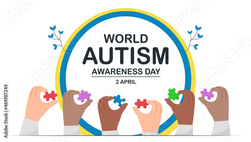 Banner template for World Austism Awareness Day, 2 April. This day will be raise awareness about autistic spectrum disorders people. They include autism and asperger syndrome. Multicolored jigsaw.