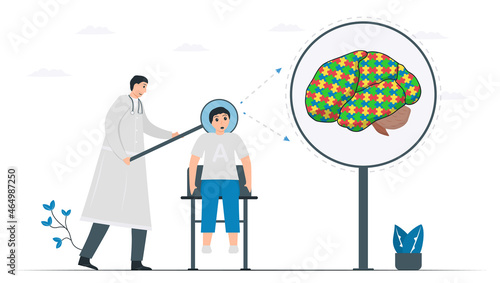 Doctor checks and scans the brain of boy. The result shows that he is autistic. He can do special things. Infographic for World Austism Awareness Day, 2 April.