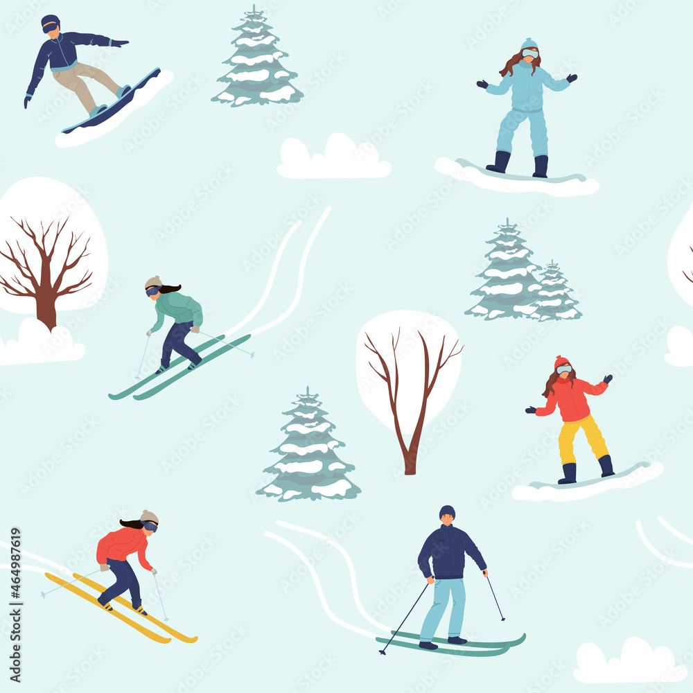 Seamless pattern with men, women performing winter activities. Backdrop with people dressed in outerwear skiing, snowboardingSeasonal flat vector illustration. flat.