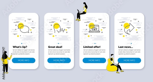 Set of Technology icons, such as Messenger, Breathing exercise, Online delivery icons. UI phone app screens with people. Share line symbols. Speech bubble, Breath, Parcel tracking website. Vector