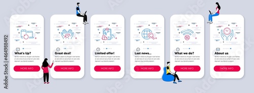 Vector Set of Science icons related to Prescription drugs, Fair trade and Recovery devices icons. UI phone app screens with teamwork. Vector