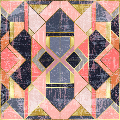 Art Deco Seamless Pattern. Geometric decorative texture. Seamless gold linear pattern on grunge texture.