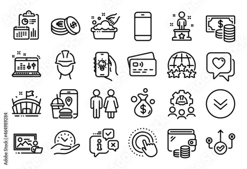 Vector set of Coins banknote, Photo studio and Heart line icons set. Calendar report, Money wallet and Credit card tag. Safe time, Hand washing and Engineering team icons. Vector