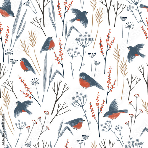 Seamless pattern with hand drawn winter bullfinch birds and forest herbs. Stylish illustration, perfect for winter wrapping paper or fabric.