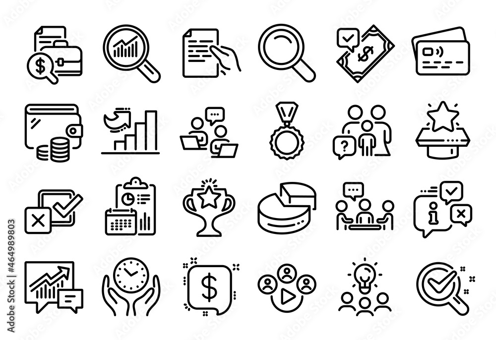 Vector set of Search, Winner podium and Hold document line icons set. Calendar report, Money wallet and Credit card tag. Business idea, Medal and Accepted payment icons. Vector Vector set of Search, Winner podium and Hold document line icons set. Calendar report, Money wallet and Credit card tag. Business idea, Medal and Accepted payment icons. Vector