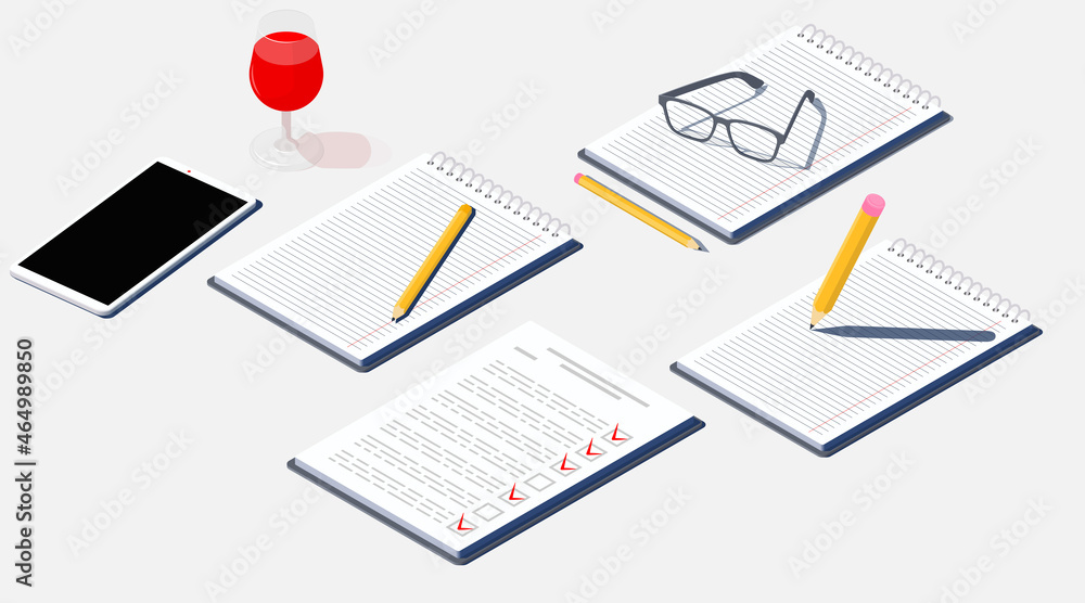 Freelancer workplace. A notepad, pencil, smartphone and a glass of red wine. Isometric lounging illustration in bright white colors. Rest and relaxation at work. Vector concept background Freelancer workplace. A notepad, pencil, smartphone and a glass of red wine. Isometric lounging illustration in bright white colors. Rest and relaxation at work. Vector concept background