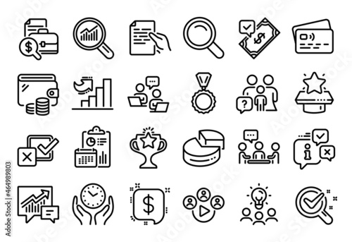 Fototapeta Naklejka Na Ścianę i Meble -  Vector set of Search, Winner podium and Hold document line icons set. Calendar report, Money wallet and Credit card tag. Business idea, Medal and Accepted payment icons. Vector