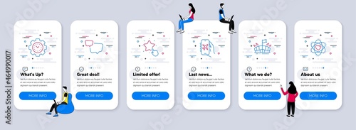 Business icons set. UI phone app screens with teamwork. Included icon as Time management, Arena, Speech bubble signs. Flight mode, Ranking star, Atom line icons. Vector