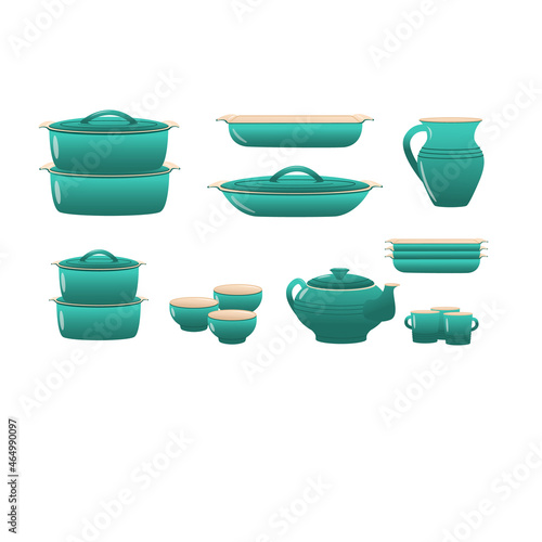 A set of beautiful turquoise ceramic dishes. Isolated objects on a white background. Flat style. Dine, cook, eat. Vector illustration