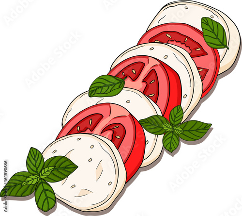 Caprese salad. Mozzarella cheese, tomatoes, olives, capers, basil. Healthy vegetarian mediterranean food concept. Vector hand drawn illustration on white background.