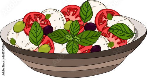 Caprese salad. Mozzarella cheese, tomatoes, olives, capers, basil. Healthy vegetarian mediterranean food concept. Vector hand drawn illustration on white background.