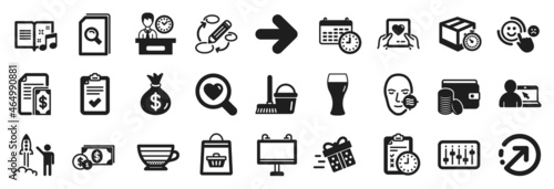 Set of simple icons, such as Presentation time, Problem skin, Checklist icons. Delivery timer, Launch project, Beer glass signs. Music book, Exam time, Dollar money. Payment, Calendar. Vector