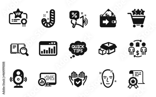 Vector set of Speaker, Report statistics and Insurance hand icons simple set. Certificate, Discounts offer and Candy icons. Quick tips, Marketing statistics and Packing boxes signs. Vector