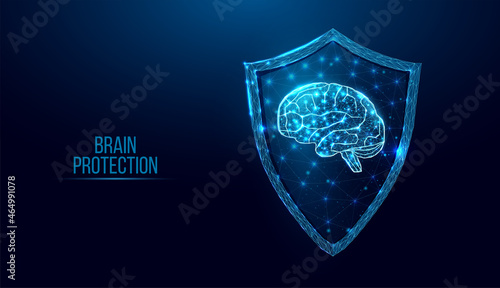 Human brain in guard shield.  Cyber security concept with glowing low poly brain and shield on dark blue background. Wireframe low poly design. Abstract futuristic vector illustration.