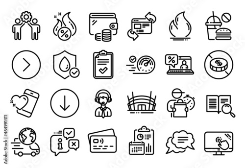 Vector set of Touch screen, No cash and Delivery man line icons set. Calendar report, Money wallet and Credit card tag. Employees teamwork, Waterproof and Speedometer icons. Vector