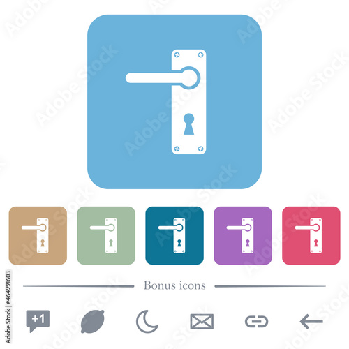 Left handed door handle with screws flat icons on color rounded square backgrounds