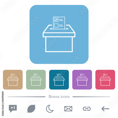 Voting paper and ballot box outline flat icons on color rounded square backgrounds