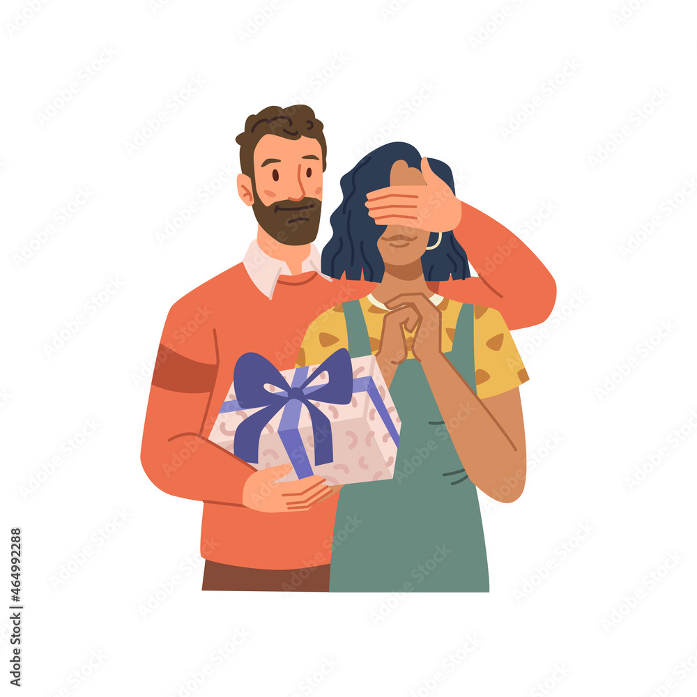 Husband giving present to wife on anniversary, birthday, Christmas or Valentine day party isolated flat cartoon characters. Vector dating couple man and woman and romantic package with ribbon surprise Husband giving present to wife on anniversary, birthday, Christmas or Valentine day party isolated flat cartoon characters. Vector dating couple man and woman and romantic package with ribbon surprise