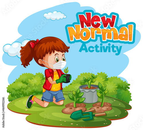 New normal activity with a girl wearing masking in the garden