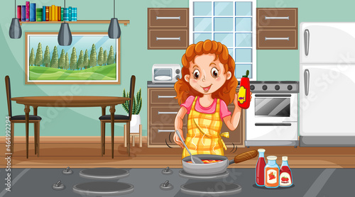 A happy woman cooking in the kitchen scene
