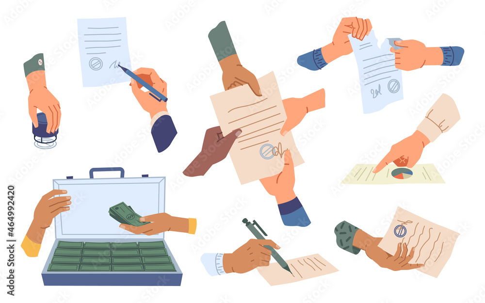 Business hands sign paper, work and relationship, cooperation and partnership concept flat cartoon set. Loan or investment money from case, partnership and signature, teamwork and contract break Business hands sign paper, work and relationship, cooperation and partnership concept flat cartoon set. Loan or investment money from case, partnership and signature, teamwork and contract break