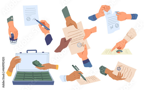 Business hands sign paper, work and relationship, cooperation and partnership concept flat cartoon set. Loan or investment money from case, partnership and signature, teamwork and contract break