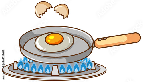 Fried egg in frying pan on gas stove