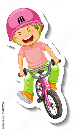 Sticker template with a happy girl rides a bicycle isolated