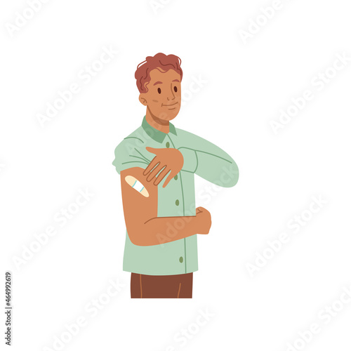 Coronavirus immunization, man after vaccination showing plaster on shoulder, pandemic prevention injection. Vector vaccinated cartoon guy encouraged to vaccinate covid 19 vaccine, health care