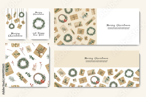 Christmas presents in kraft paper, wreaths. Rustic craft gift box. Eco decoration, eucalyptus, spruce. Xmas and New 2022 Year celebration. Vector flat cartoon illustration, winter banner, card, flyer