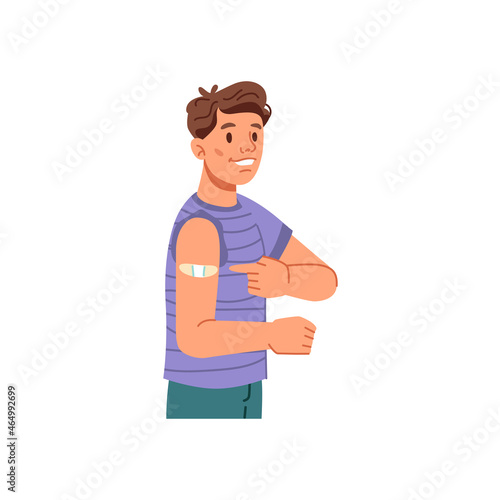 Man after vaccination showing plaster on shoulder isolated flat cartoon character. Vector coronavirus immunization, pandemic prevention injection. Vaccinated guy encouraged to vaccinate against covid