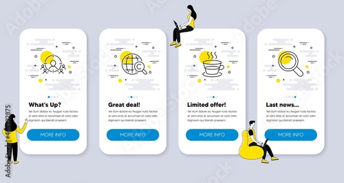 Set of line icons, such as Coffee cup, Business targeting, International Ð¡opyright icons. UI phone app screens with people. Search line symbols. Vector