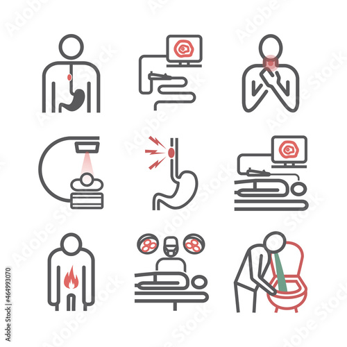 Esophageal cancer line icons. Symptoms and diagnosis. Medical infographics. Medical vector infographics for web design.