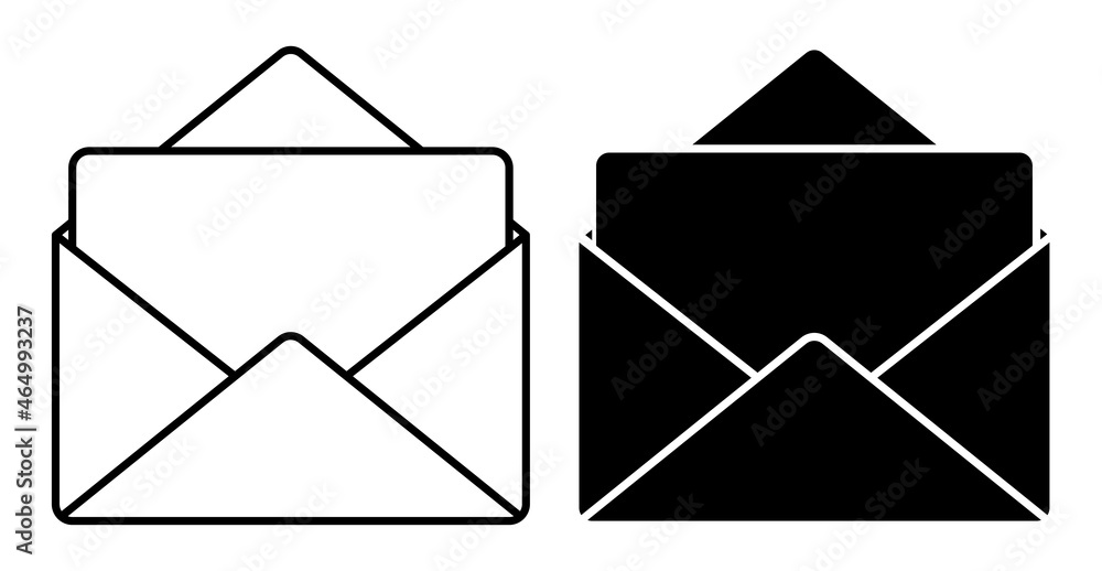 Linear icon. Festive envelope with blank white sheet of paper inside. Greeting cards and letters for Christmas and Valentines Day. Simple black and white vector isolated on white background Linear icon. Festive envelope with blank white sheet of paper inside. Greeting cards and letters for Christmas and Valentines Day. Simple black and white vector isolated on white background