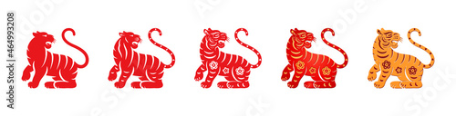 Fotobehang Flat paper cut tiger with floral pattern isolated CNY animals set Vector spring