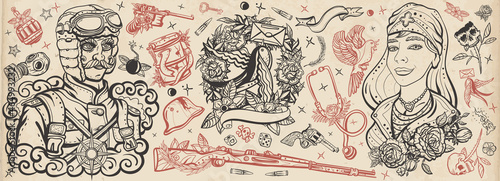 World War One. Old school tattoo vector collection. Love of soldier. WW1. People, history and battles. Traditional tattooing style. Military pilot in uniform, beautiful nurse, letter swallow, weapon