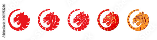 CNY tigers flat papercut animals isolated zodiac and astrology theme symbols. Vector eastern chinese, japanese and korean new year signs, spring festival oriental holidays mascot, head and long tail
