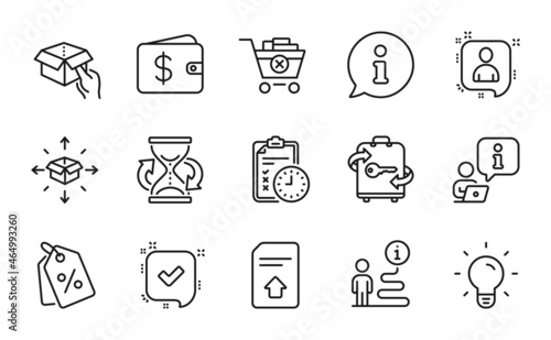 Line icons set. Included icon as Exam time, Upload file, Light bulb signs. Hold box, Remove purchase, Discount tags symbols. Luggage, Dollar wallet, Hourglass. Parcel delivery, Confirmed. Vector