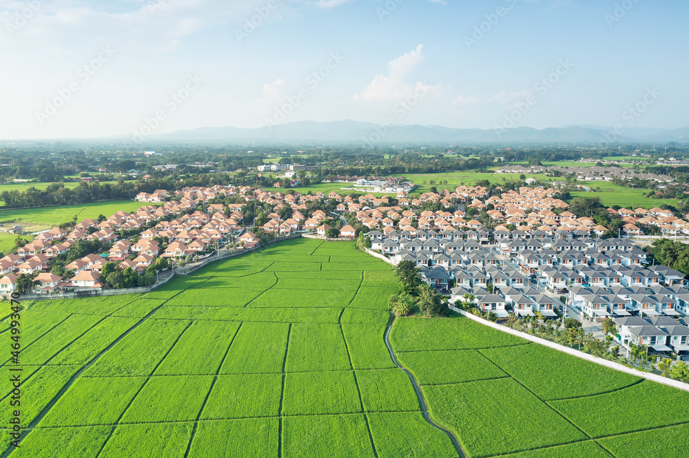 Land or landscape of green field in aerial view. Include agriculture farm, house building, village. That real estate or property. Plot of land to housing subdivision, development, sale or investment.