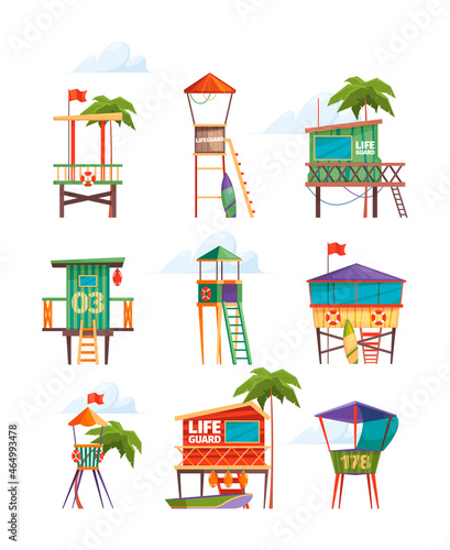 Modern beach buildings. Beach lifeguard towers on the seaside security station garish vector flat pictures set isolated