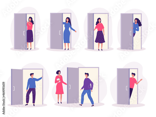 Person opening door. Office workers standing and holding exit wooden door interior objects privacy concept recent vector illustrations