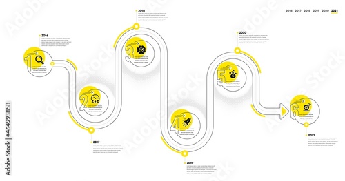 Business Infographic timeline with 6 steps. Workflow process diagram with Research Idea, Working time, Money earn and Goal target icons. Timeline infograph diagram. Vector