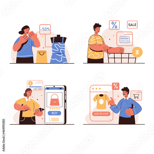 People shopping concept isolated scenes set. Men and women customers making purchases with discounts on sales in online stores for mobile applications, e-commerce. Vector illustration in flat design