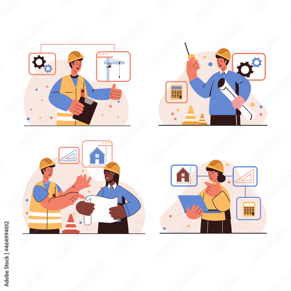 People working as Construction engineers concept isolated scenes set. Men and women architects create drawing of house, discuss project on blueprint. Real estate. Vector illustration in flat design People working as Construction engineers concept isolated scenes set. Men and women architects create drawing of house, discuss project on blueprint. Real estate. Vector illustration in flat design