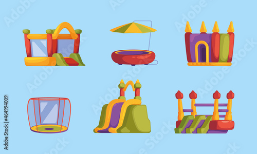 Inflatable trampolines. Jumping persons entertainment funny games for teenagers sport cheerful people balance tumbling garish vector cartoon illustrations