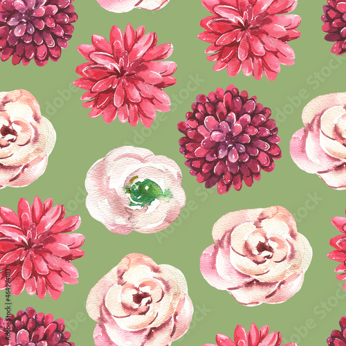 Seamless pattern with hand painted watercolor red  pink flowers on green background. Cute design for Spring textile design  scrapbook paper  decorations. High quality illustration