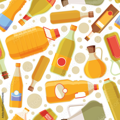 Oil pattern. Yellow liquid ingredients in bottles for cooking garish vector seamless background